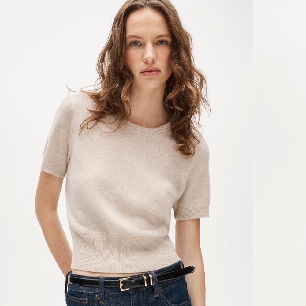 J. Crew Cashmere Shrunken T-Shirt Short Sleeve Sweater Ivory Crew Neck Top Med
